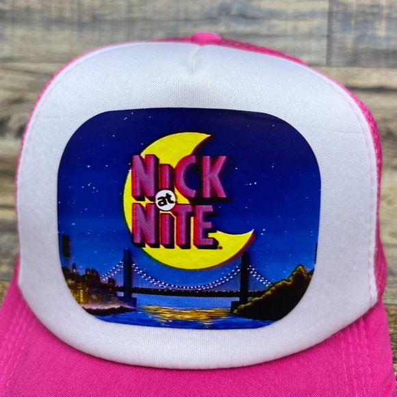 Nick At Nite Mens Trucker Hat Pink Snapback 90s Retro TV Throwback Logo Ball Cap - Picture 3 of 8